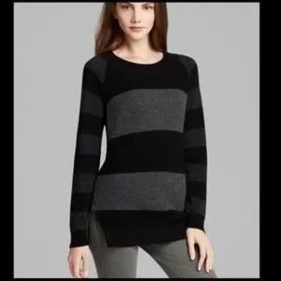 Theory Black & Gray Striped 100% Cashmere Pullover Sweater Women's Size S - Picture 1 of 9